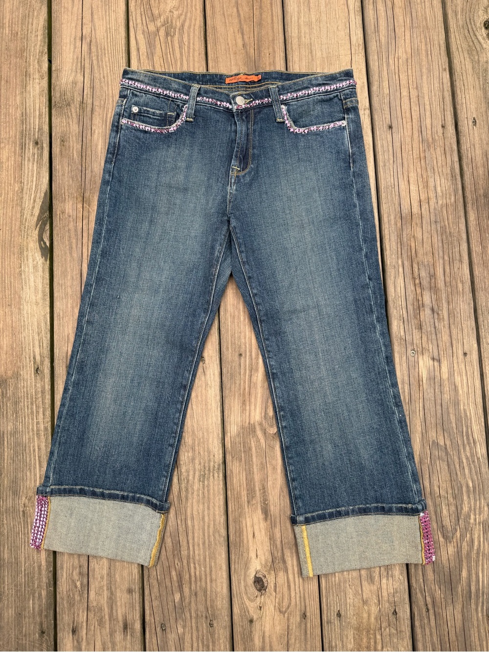 Women's Cropped Jeans with Pink Rhinestone Trim